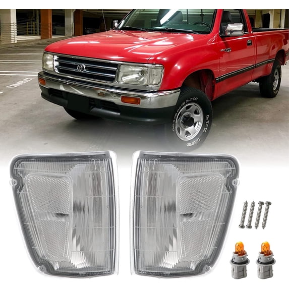 USR T100 Clear Corner Lights - Front Corner Signal Lamps (Left + Right) Compatible with 1993-1998 Toyota T-100 Pickup Truck (Clear Lens, comes with x2 Amber Bulbs and Sockets)