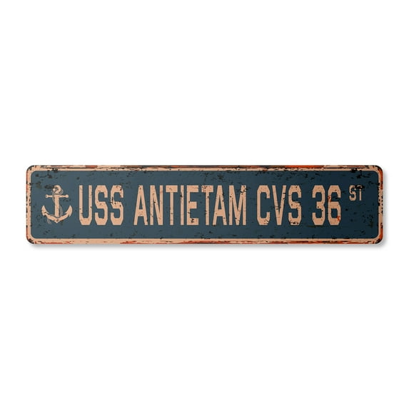 USS ANTIETAM CVS 36 Vintage Plastic Street Sign us navy ship veteran sailor gift | Indoor/Outdoor | 30" Wide