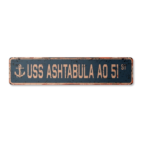 USS ASHTABULA AO 51 Vintage Aluminum Street Sign us navy ship veteran sailor rustic metal tin gift | Indoor/Outdoor | 24" Wide