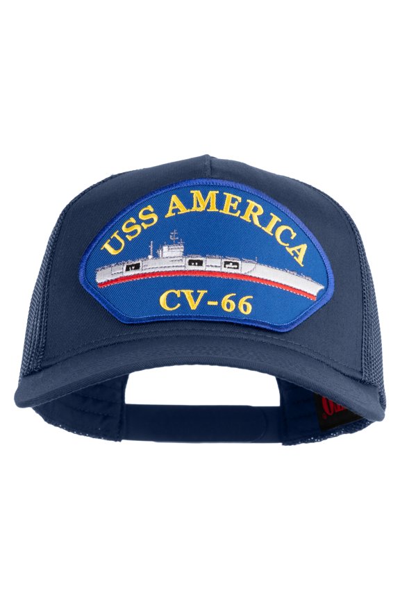 USS America CV 66 Blue Patched Solid Cotton Twill 5 panel Mesh Back Cap - Navy OSFM