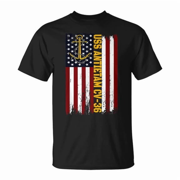 USS Antietam CV-36 Aircraft Carrier American Flag T-Shirt Unisex Adult Cotton Comfortable Patriotic Military Casual Tee, Size 3XL, Color Black