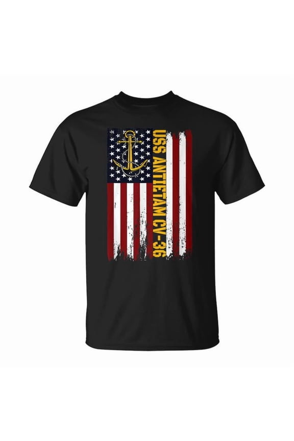 USS Antietam CV-36 Aircraft Carrier American Flag T-Shirt Unisex Adult Cotton Comfortable Patriotic Military Casual Tee, Size 5XL, Color Black