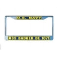 thumbnail image 1 of USS BADGER DE 1071 License Plate Frame Chrome Metal Military Navy USN Car Truck RV F001., 1 of 1