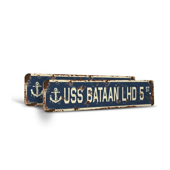 USS BATAAN LHD 5 Vintage Style Rustic Street Sign – Us Navy Ship Veteran Sailor Gift Retro Decorative Wall Sign for Home, Bar, Garage, or Outdoor Use | 4" X 18" Plastic Road Sign