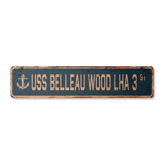 USS BELLEAU WOOD LHA 3 Vintage Aluminum Street Sign us navy ship veteran sailor rustic metal tin gift | Indoor/Outdoor | 30" Wide