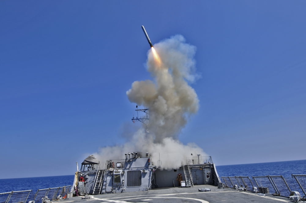 USS Barry launches a Tomahawk cruise missile Canvas Art - Stocktrek Images (34 x 23)
