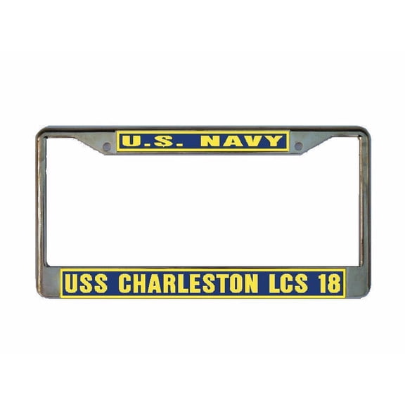 USS CHARLESTON LCS 18 License Plate Frame Gold Chrome Metal Military Navy USN 1 Car Truck RV F001
