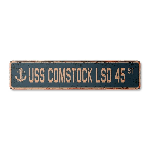 USS COMSTOCK LSD 45 Vintage Aluminum Street Sign us navy ship veteran sailor rustic metal tin gift | Indoor/Outdoor | 18" Wide