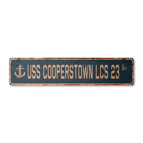 USS COOPERSTOWN LCS 23 Vintage Aluminum Street Sign us navy ship veteran sailor rustic metal tin gift | Indoor/Outdoor | 18" Wide