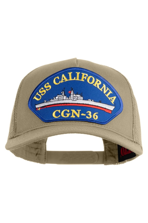 USS California CGN 36 Blue Patched Solid Cotton Twill 5 panel Mesh Back Cap - Khaki OSFM