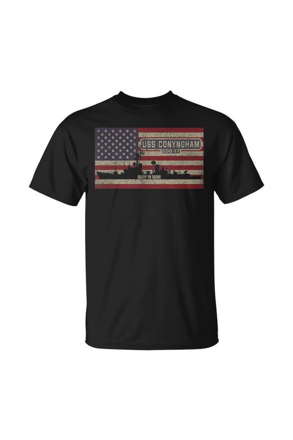 USS Conyngham DDG-17 Destroyer Ship American Flag Graphic Tee Unisex Adult Cotton Casual Military Navy Pride Gift, Size S, Color Black