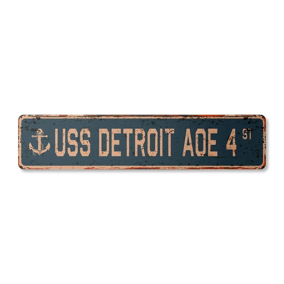 USS DETROIT AOE 4 Vintage Aluminum Street Sign us navy ship veteran sailor rustic metal tin gift | Indoor/Outdoor | 24" Wide