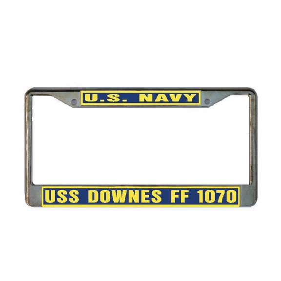 USS DOWNES FF 1070 License Plate Frame Gold Chrome Metal Military Navy USN 1 Car Truck RV F001
