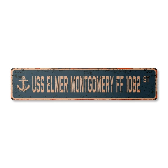 USS ELMER MONTGOMERY FF 1082 Vintage Plastic Street Sign us navy ship veteran sailor gift | Indoor/Outdoor | 18" Wide