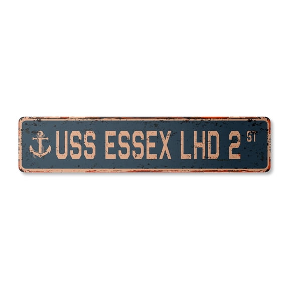USS ESSEX LHD 2 Vintage Aluminum Street Sign us navy ship veteran sailor rustic metal tin gift | Indoor/Outdoor | 18" Wide