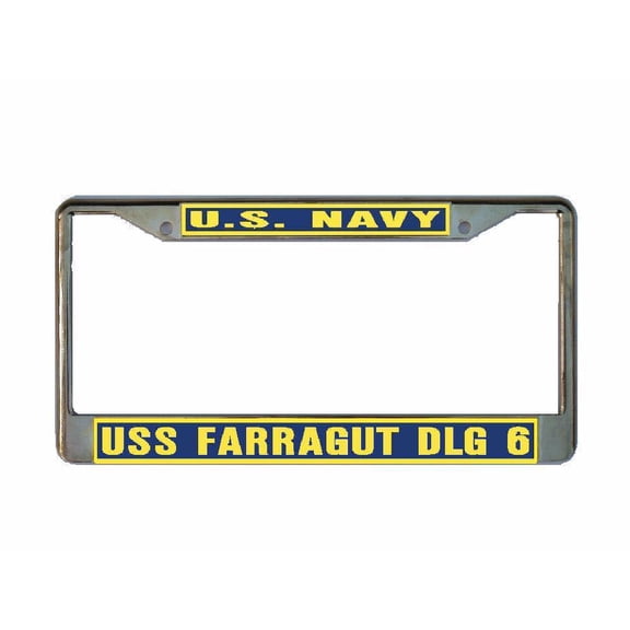 USS FARRAGUT DLG 6 License Plate Frame Gold Chrome Metal Military Navy USN 1 Car Truck RV F001
