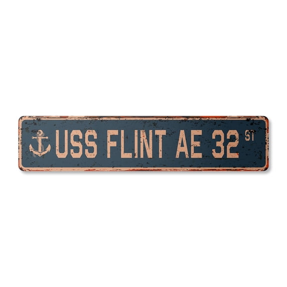 USS FLINT AE 32 Vintage Plastic Street Sign us navy ship veteran sailor gift | Indoor/Outdoor | 18" Wide