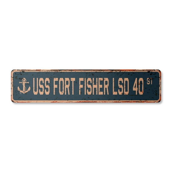 USS FORT FISHER LSD 40 Vintage Aluminum Street Sign us navy ship veteran sailor rustic metal tin gift | Indoor/Outdoor | 24" Wide