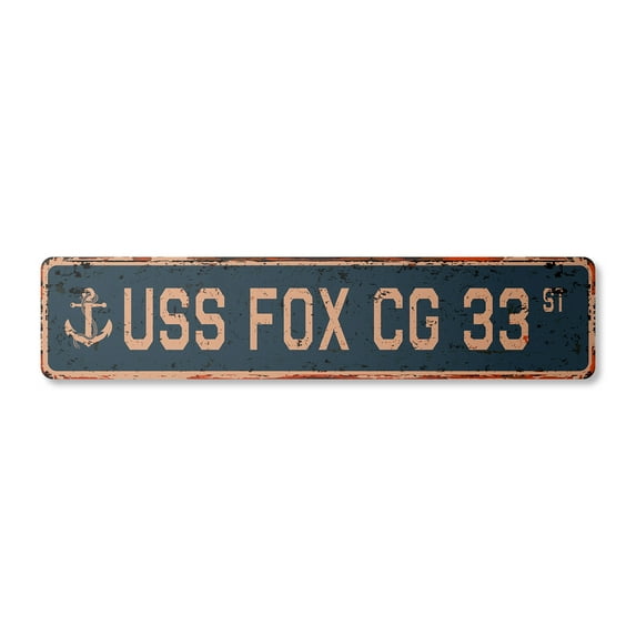USS FOX CG 33 Vintage Aluminum Street Sign us navy ship veteran sailor rustic metal tin gift | Indoor/Outdoor | 30" Wide