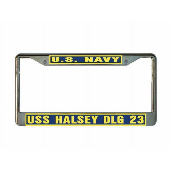 USS HALSEY DLG 23 License Plate Frame Gold Chrome Metal Military Navy USN 1 Car Truck RV F001