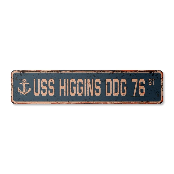 USS HIGGINS DDG 76 Vintage Aluminum Street Sign us navy ship veteran sailor rustic metal tin gift | Indoor/Outdoor | 18" Wide