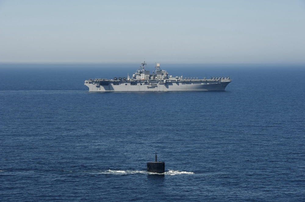 USS Hampton transits alongside USS Makin Island Canvas Art - Stocktrek Images (35 x 23)