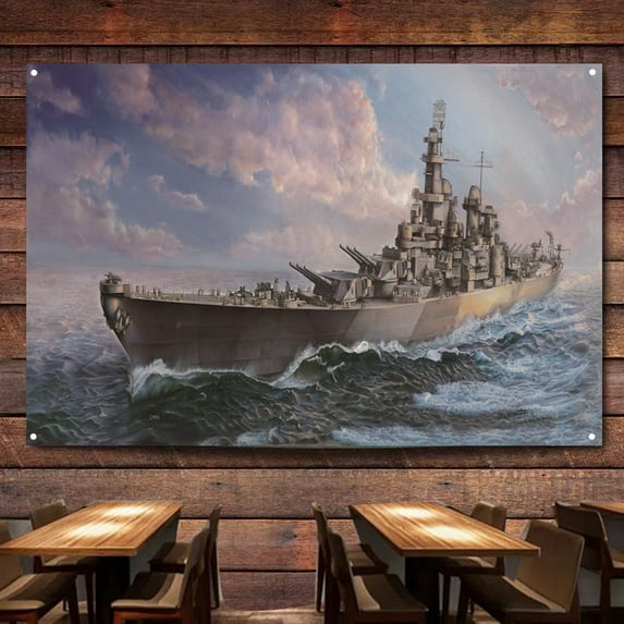 USS Iowa (BB-61) Battleship Wall Art Banners Hanging Flags Wall Chart Warship Art Poster Canvas Print Art Painting Home Decor Tapestry Best Gifts for Military Fans 3,38X57 inches