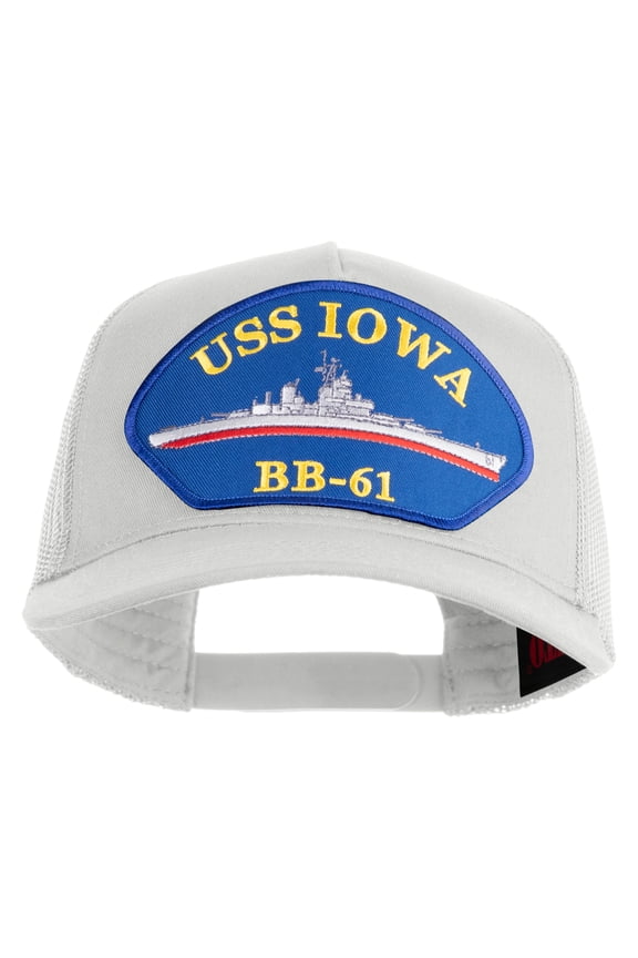 USS Iowa BB 61 Blue Patched Solid Cotton Twill 5 panel Mesh Back Cap - White OSFM