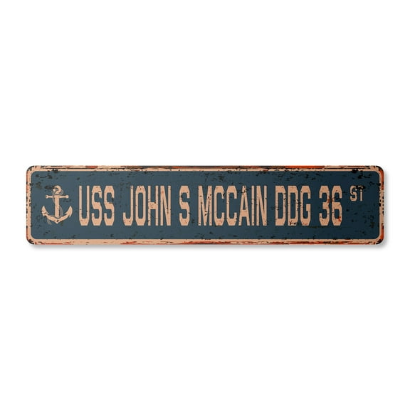 USS JOHN S MCCAIN DDG 36 Vintage Aluminum Street Sign us navy ship veteran sailor rustic metal tin gift | Indoor/Outdoor | 18" Wide