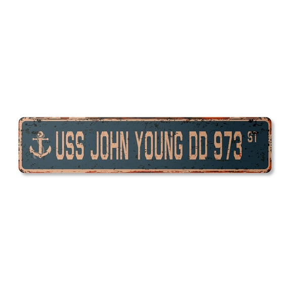 USS JOHN YOUNG DD 973 Vintage Aluminum Street Sign us navy ship veteran sailor rustic metal tin gift | Indoor/Outdoor | 18" Wide