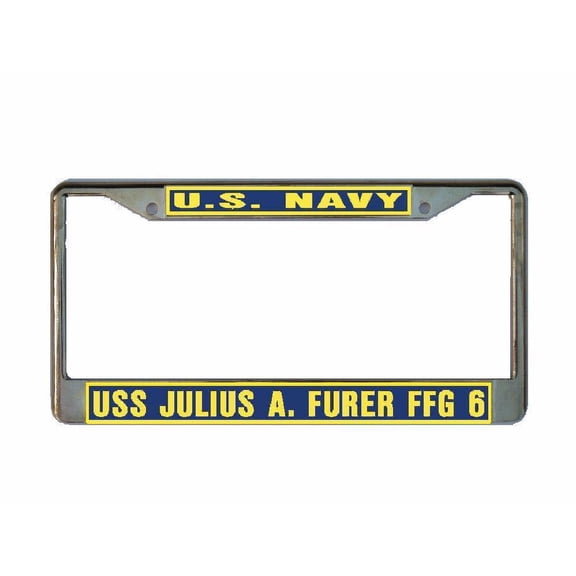 USS JULIUS A. FURER FFG 6 License Plate Frame Gold Chrome Metal Military Navy USN 1 Car Truck RV F001
