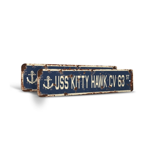 USS KITTY HAWK CV 63 Vintage Style Rustic Street Sign – Us Navy Ship Veteran Sailor Gift Retro Decorative Wall Sign for Home, Bar, Garage, or Outdoor Use | 4" X 18" Plastic Road Sign