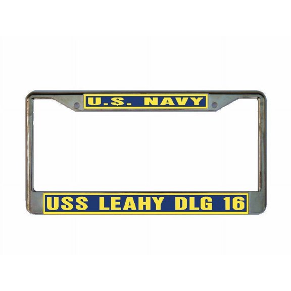 USS LEAHY DLG 16 License Plate Frame Gold Chrome Metal Military Navy USN 1 Car Truck RV F001