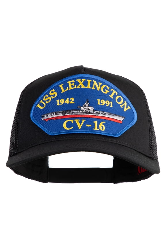 USS Lexington CV 16 Blue Patched Solid Cotton Twill 5 panel Mesh Back Cap - Black OSFM