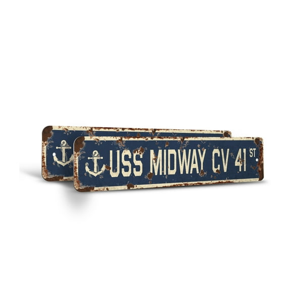 USS MIDWAY CV 41 Vintage Style Rustic Street Sign – (2 Pack) Us Navy Ship Veteran Sailor Gift Retro Decorative Wall Sign for Home, Bar, Garage, or Outdoor Use | 6" X 24" Plastic Road
