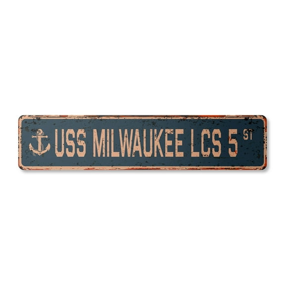 USS MILWAUKEE LCS 5 Vintage Plastic Street Sign us navy ship veteran sailor gift | Indoor/Outdoor | 18" Wide
