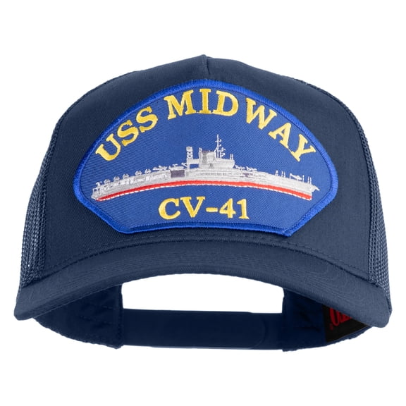 USS Midway CV 41 Blue Patched Solid Cotton Twill 5 panel Mesh Back Cap - Navy OSFM