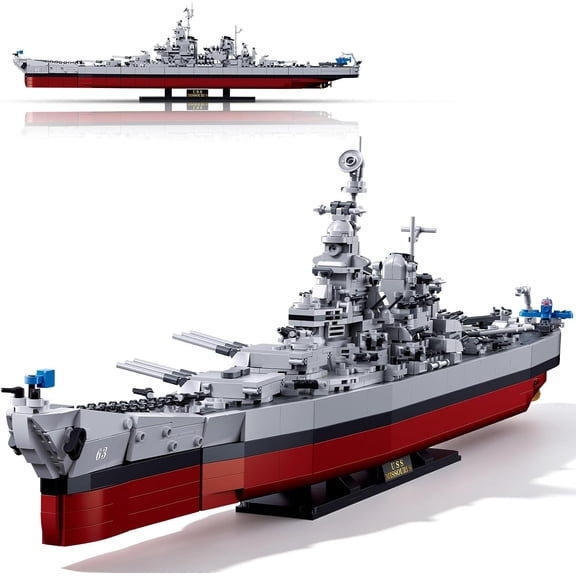 USS Missouri Model Building Set, Compatible with Lego-Battleship, 1739Pcs, 1:350 WW2 Model Ship with Triple-Gun Turrets, Aircraft & Display Stand