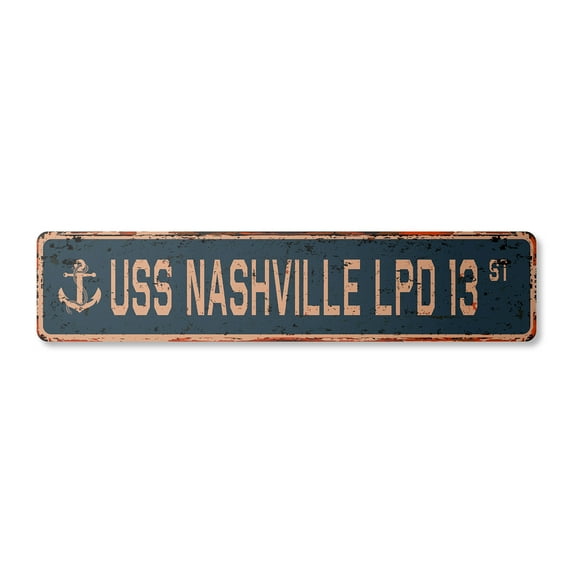 USS NASHVILLE LPD 13 Vintage Aluminum Street Sign us navy ship veteran sailor rustic metal tin gift | Indoor/Outdoor | 18" Wide