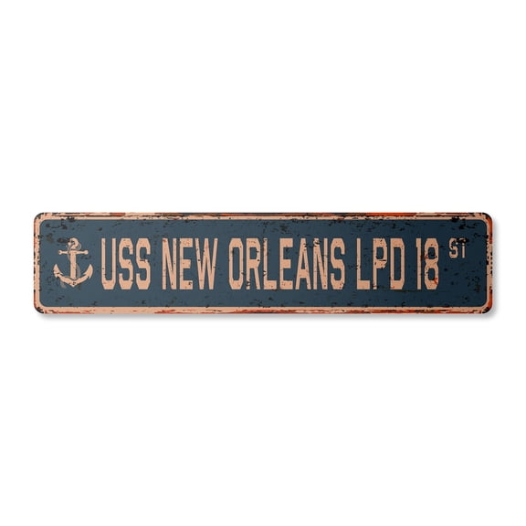 USS NEW ORLEANS LPD 18 Vintage Plastic Street Sign us navy ship veteran sailor gift | Indoor/Outdoor | 18" Wide