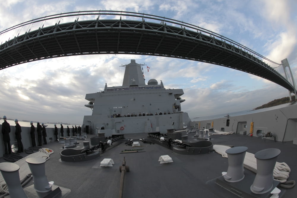 USS New York passes under the Viracosis Bridge in New York City Canvas Art - Stocktrek Images (34 x 23)