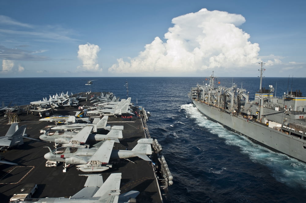 USS Nimitz and USNS Rainer transit alongside each other Canvas Art - Stocktrek Images (35 x 23)