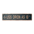 thumbnail image 1 of USS ORION AS 18 Vintage Aluminum Street Sign us navy ship veteran sailor rustic metal tin gift | Indoor/Outdoor | 24" Wide, 1 of 4