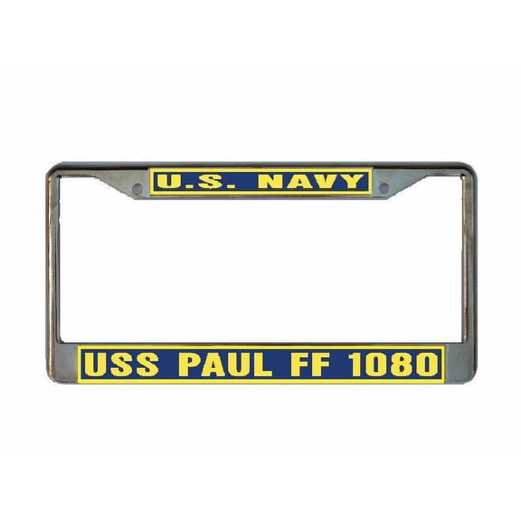 USS PAUL FF 1080 License Plate Frame Gold Chrome Metal Military Navy USN 1 Car Truck RV F001