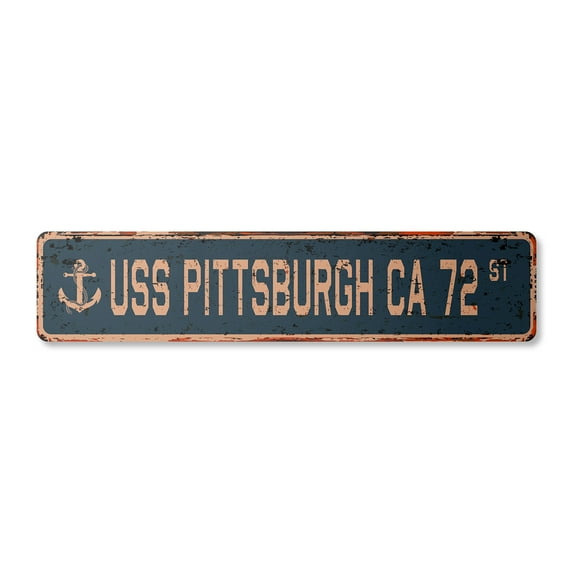 USS PITTSBURGH CA 72 Vintage Plastic Street Sign us navy ship veteran sailor gift | Indoor/Outdoor | 30" Wide