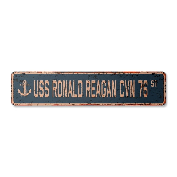 USS RONALD REAGAN CVN 76 Vintage Aluminum Street Sign us navy ship veteran sailor rustic metal tin gift | Indoor/Outdoor | 18" Wide