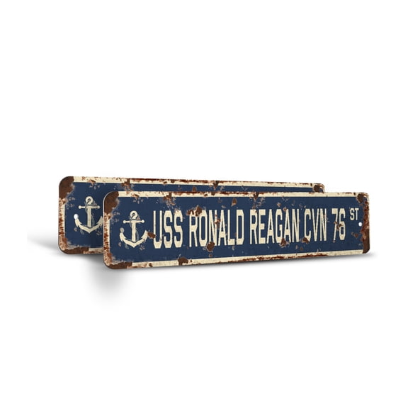 USS RONALD REAGAN CVN 76 Vintage Style Rustic Street Sign – Us Navy Ship Veteran Sailor Gift Retro Decorative Wall Sign for Home, Bar, Garage, or Outdoor Use | 4" X 18" Plastic Road