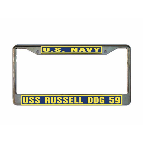USS RUSSELL DDG 59 License Plate Frame Gold Chrome Metal Military Navy USN Car Truck RV F001
