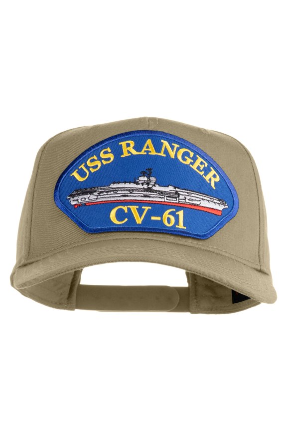 USS Ranger CV 61 Blue Patched Solid Cotton Twill 5 Panel Prostyle Snap Cap - Khaki OSFM