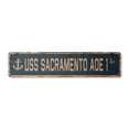 thumbnail image 1 of USS SACRAMENTO AOE 1 Vintage Plastic Street Sign us navy ship veteran sailor gift | Indoor/Outdoor | 36" Wide, 1 of 4